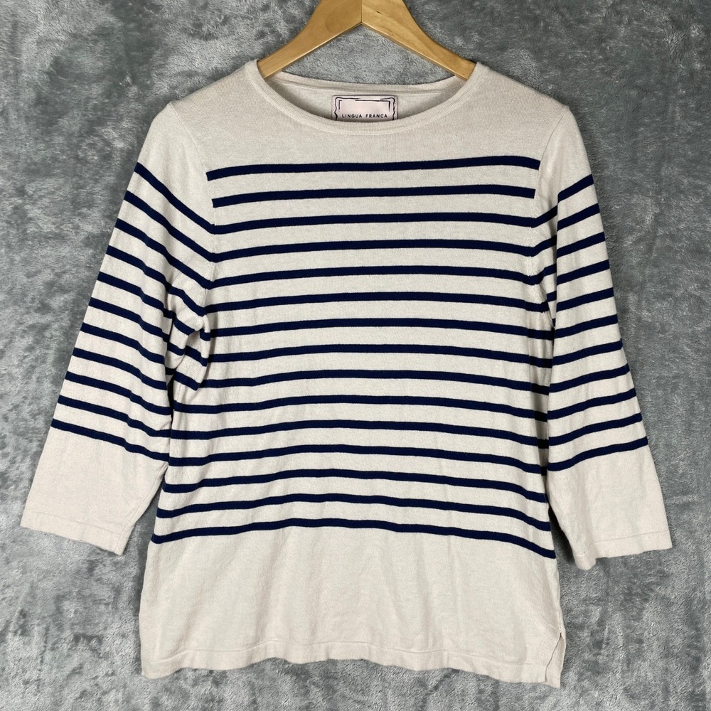 Lingua Franca Stripe Sweater Womens S Cream Navy Very Good 3/4 Sleeve Silk Blend